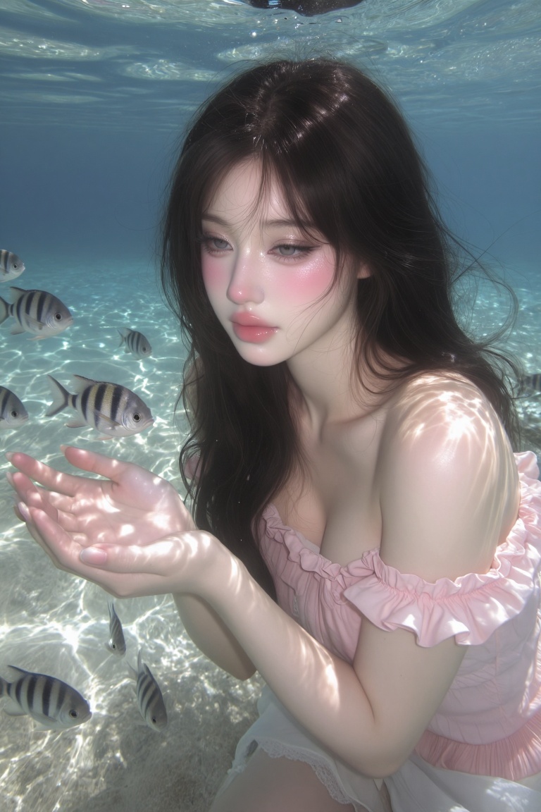 A serene underwater scene featuring a beautiful young woman with long dark hair,  her face softly illuminated,  looking do...