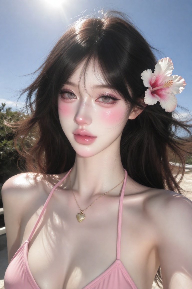 beautiful young woman with dark,  windswept hair and bangs,  adorned with a delicate pink and white hibiscus flower tucked...