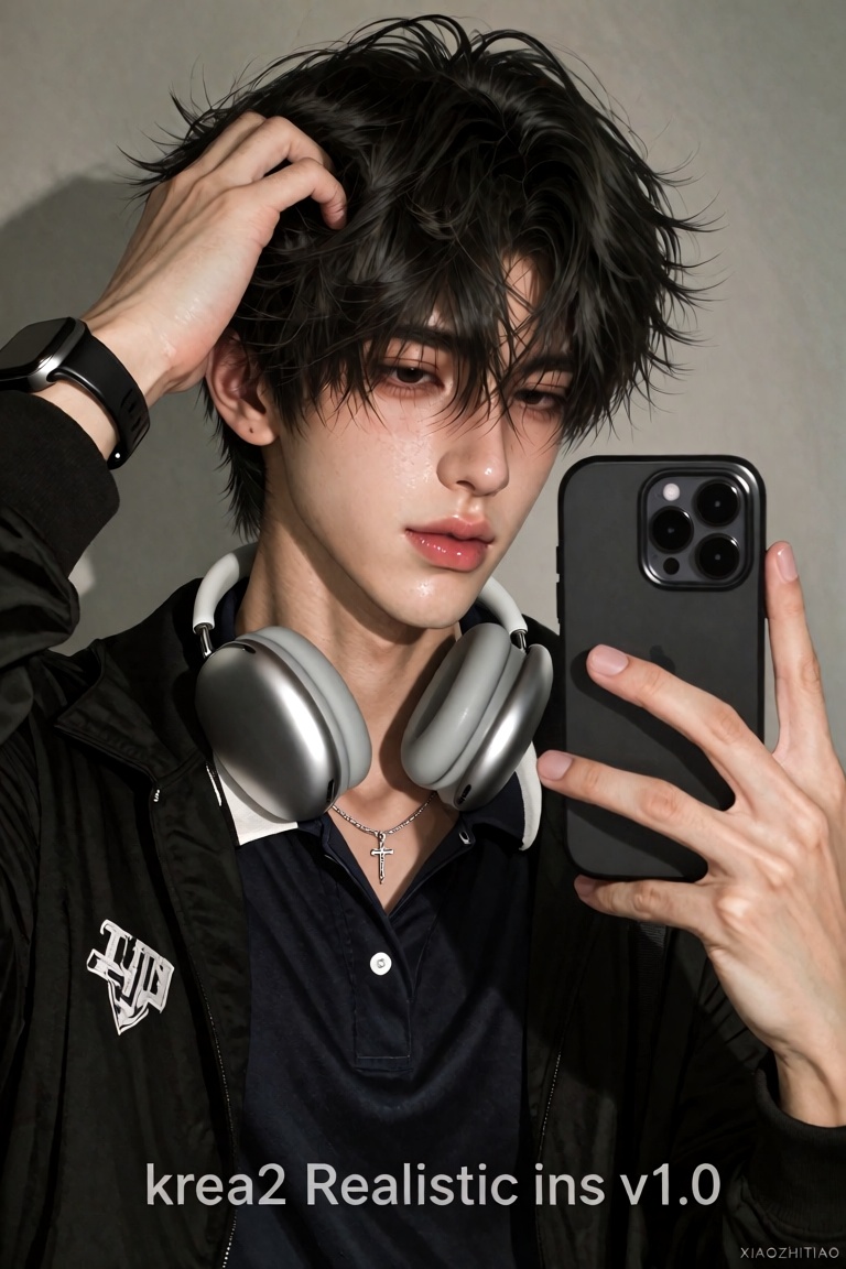 The photo is a medium-close-up mirror selfie,  taken indoors with warm,  diffused lighting on Tensor.Art
