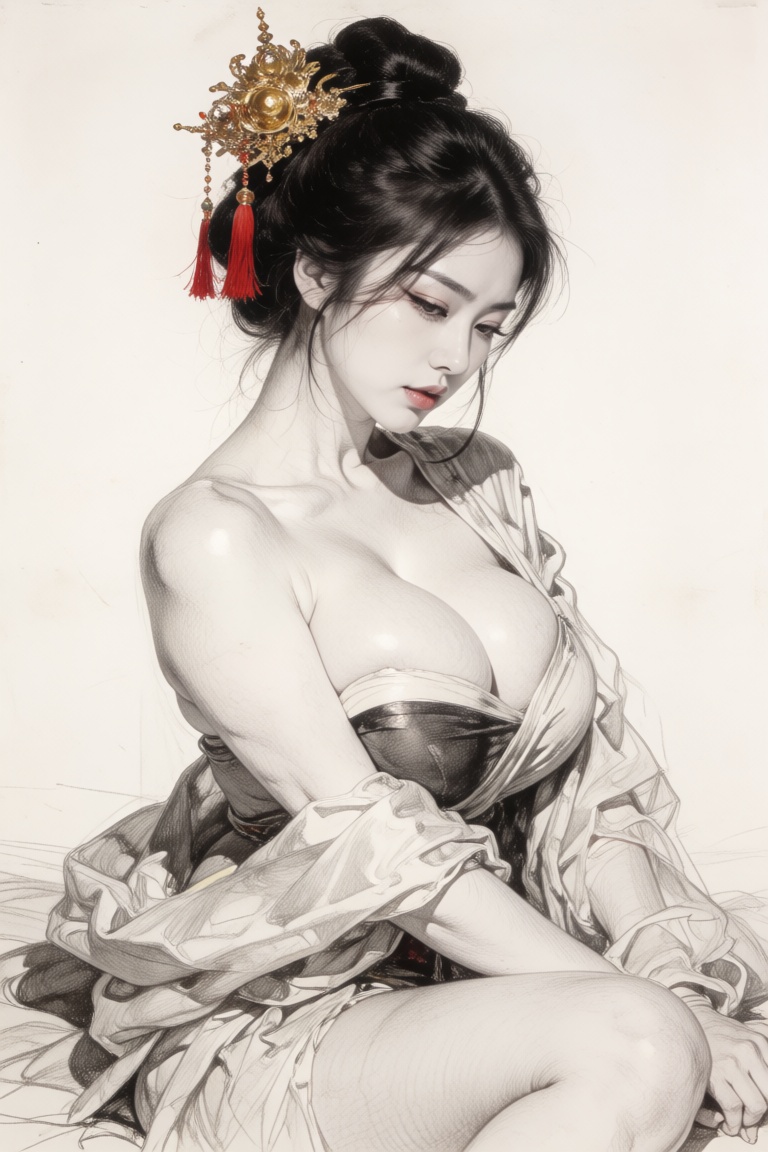 Bradhamel art style. A finely rendered pencil sketch of a young East Asian woman in a classical portrait pose,  her dark h...