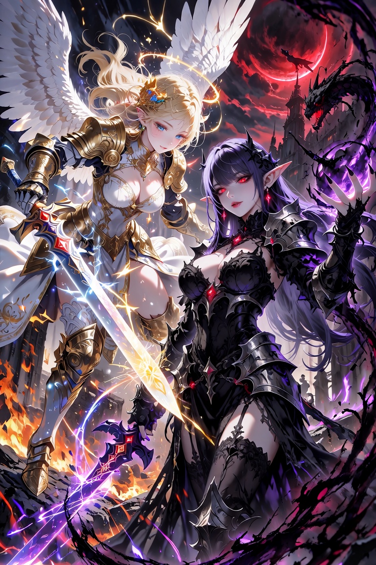 concept art,  two fantasy warriors,  golden-haired angelic knight on Tensor.Art
