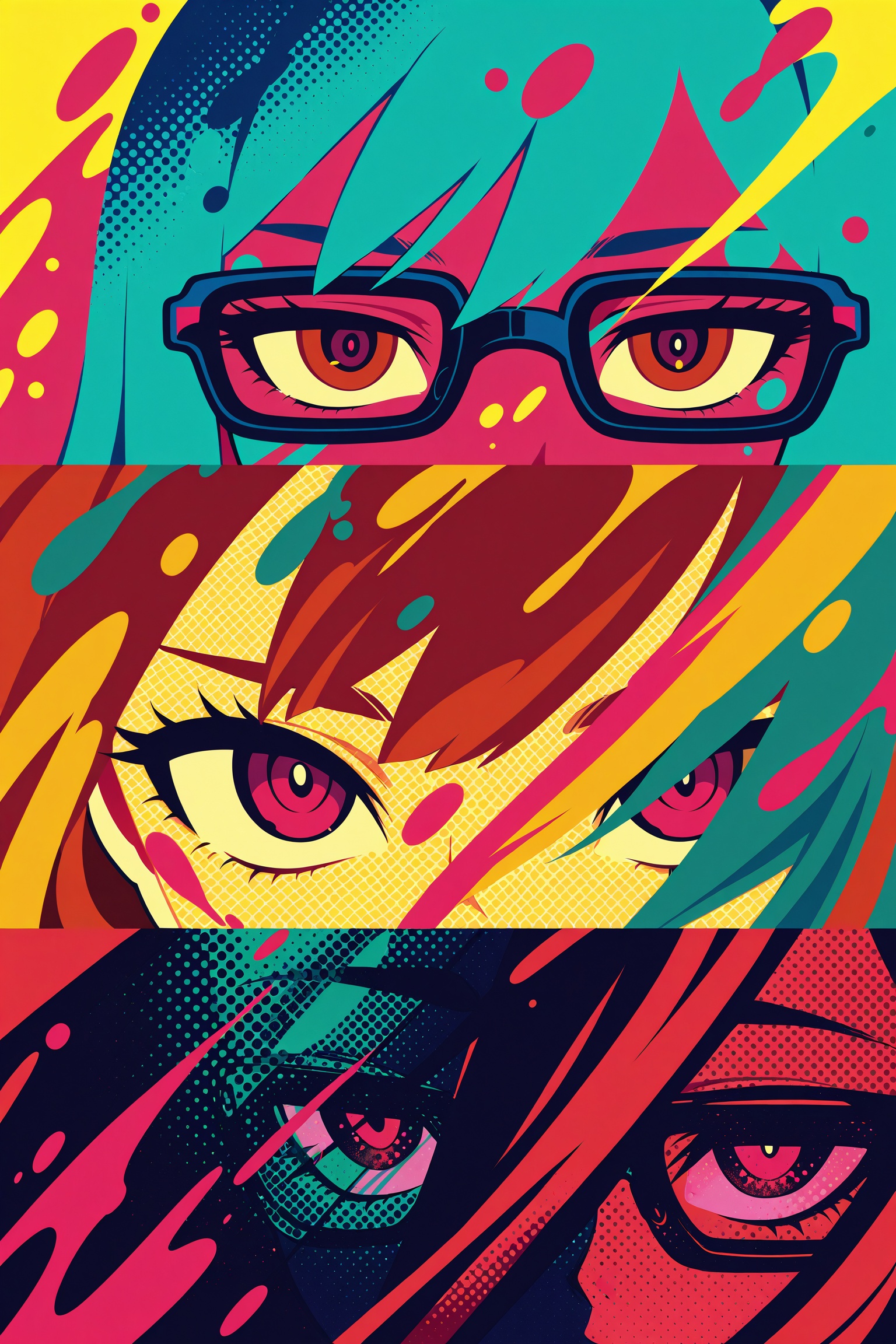 Vertical poster-style 8K illustration: five diagonal stacked panels,  each a bold pop-art eye close-up—no full faces,  onl...