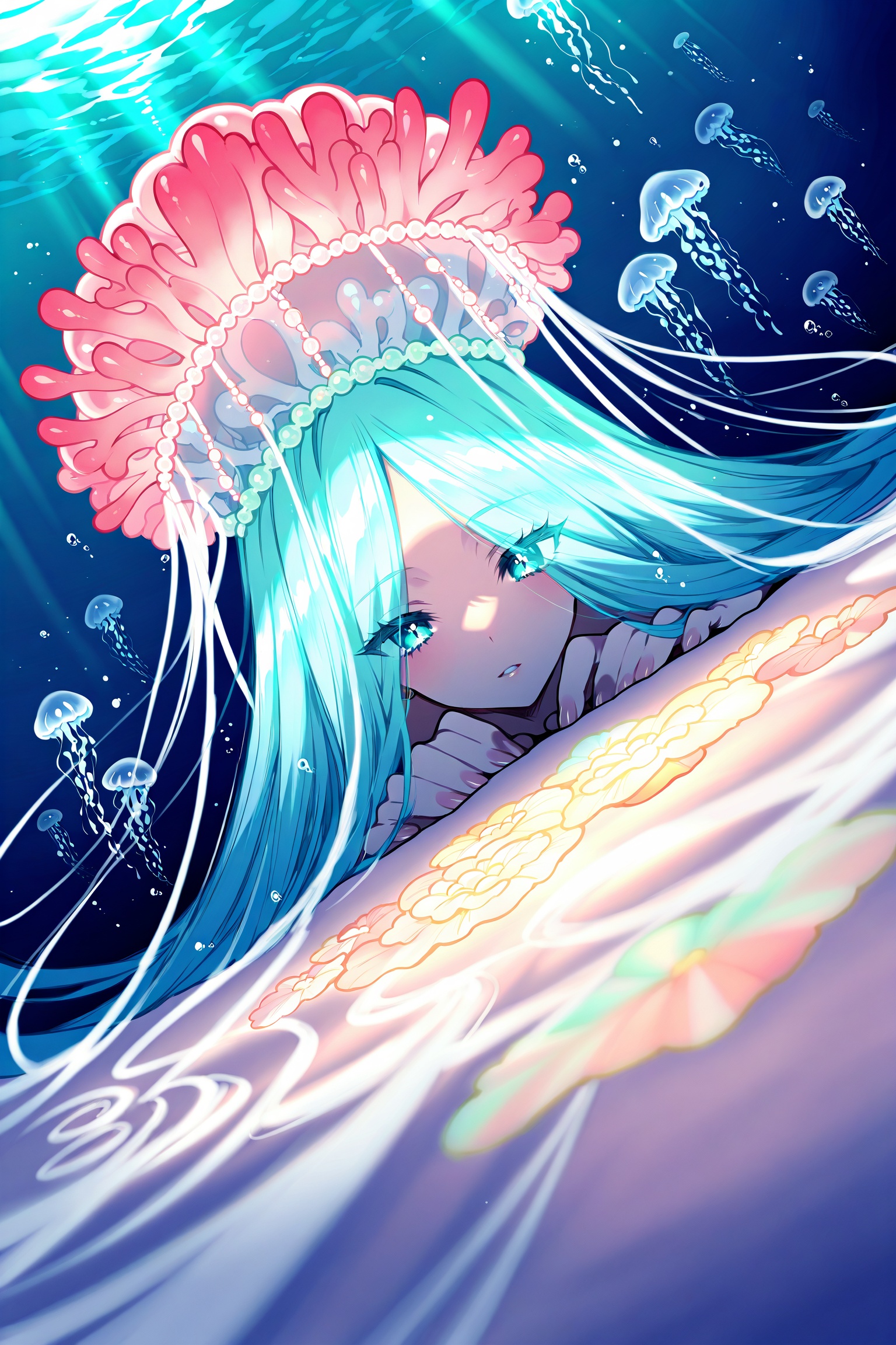 Ultra-detailed,  absurdres HDR underwater portrait of a deep sea empress with long aqua hair,  jellyfish crown on Tensor.Art