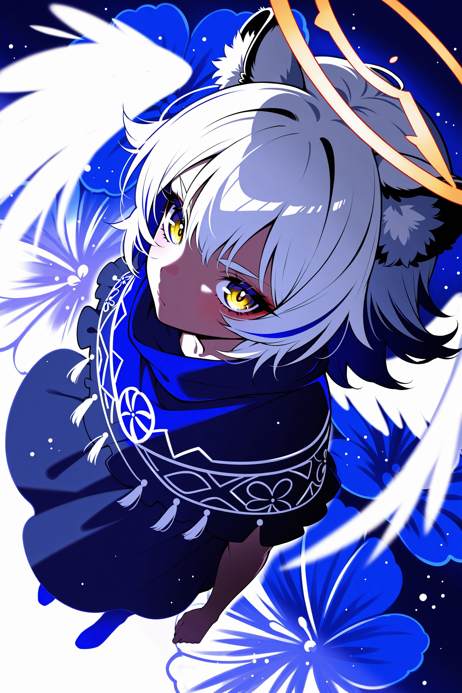 Ultra-detailed,  absurd-resolution cinematic portrait of a solo dark-skinned anime girl with white tiger ears,  big fluffy...
