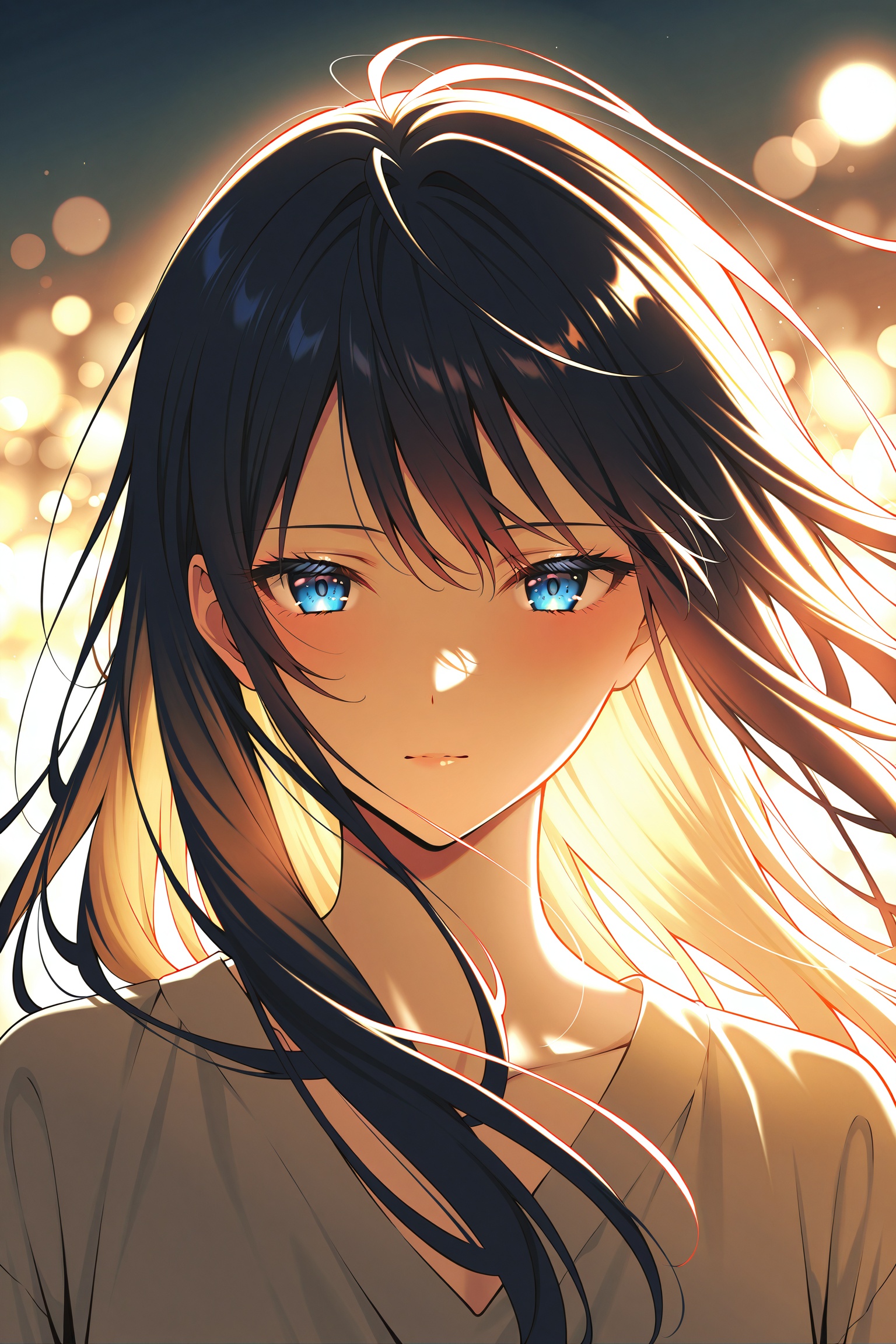 Aesthetic nighttime portrait of a solo 1girl with long flowing hair,  softly lit by ambient city lights or distant neon gl...