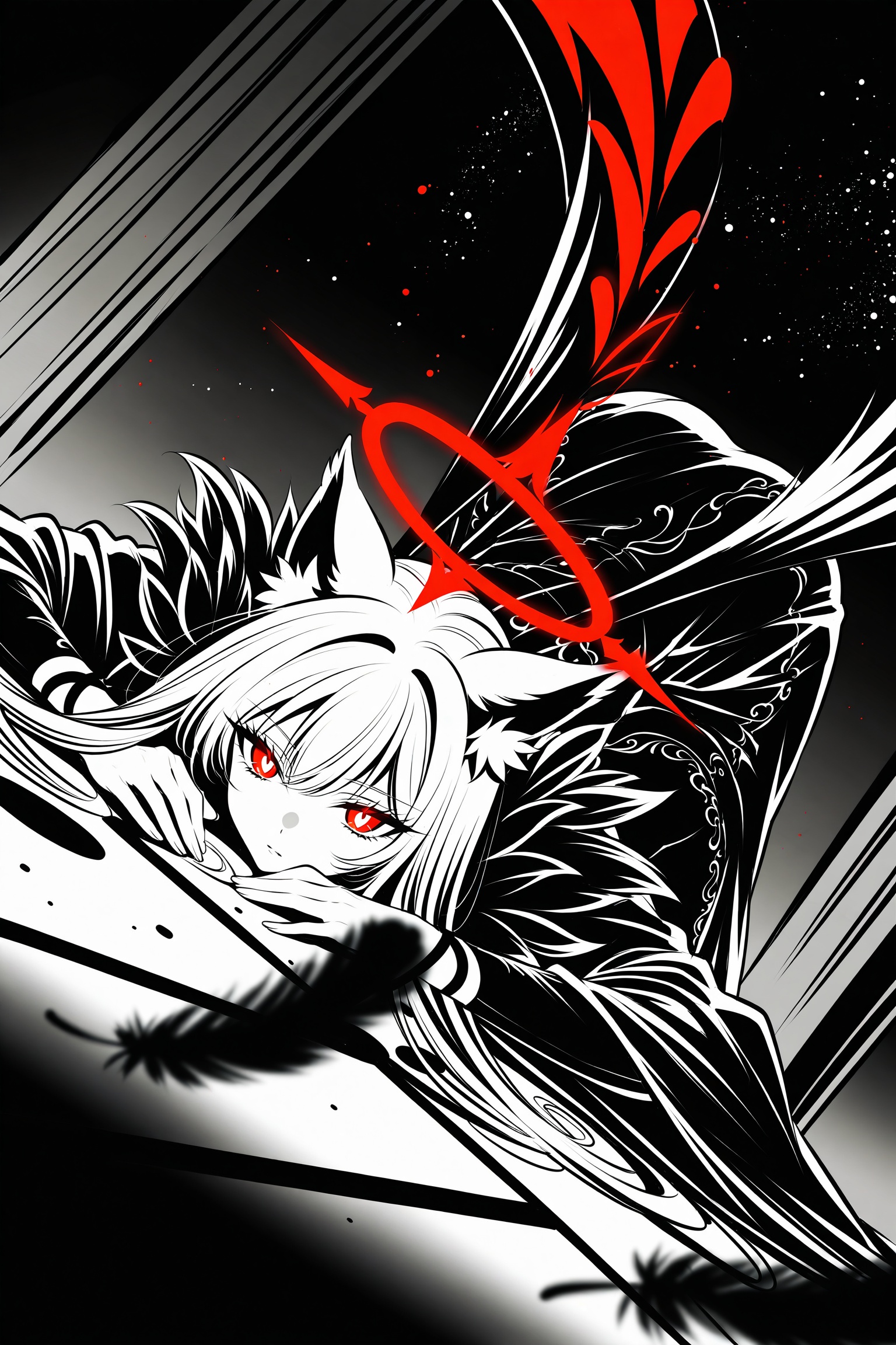 Ultra-detailed,  absurdres cinematic portrait of a solo mysterious anime girl with wolf ears,  long silver windswept hair...