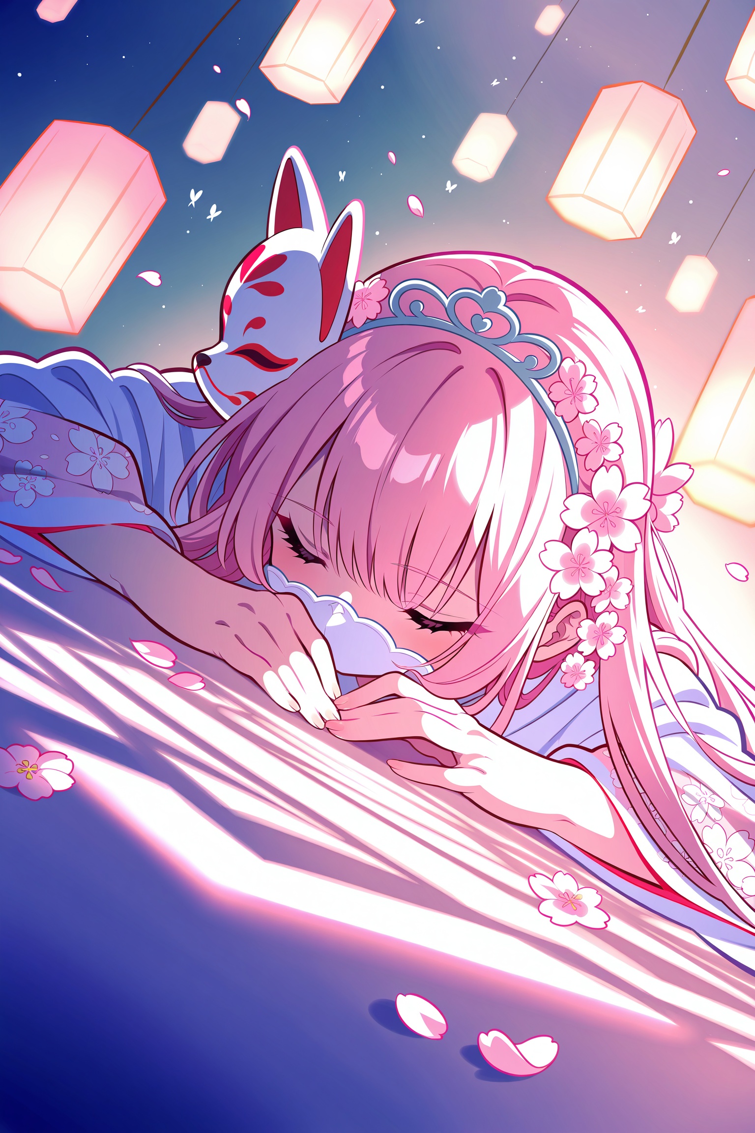 Ultra-detailed,  absurdres cinematic portrait of a sakura spirit maiden with pastel pink hair,  elegant floral-embroidered...