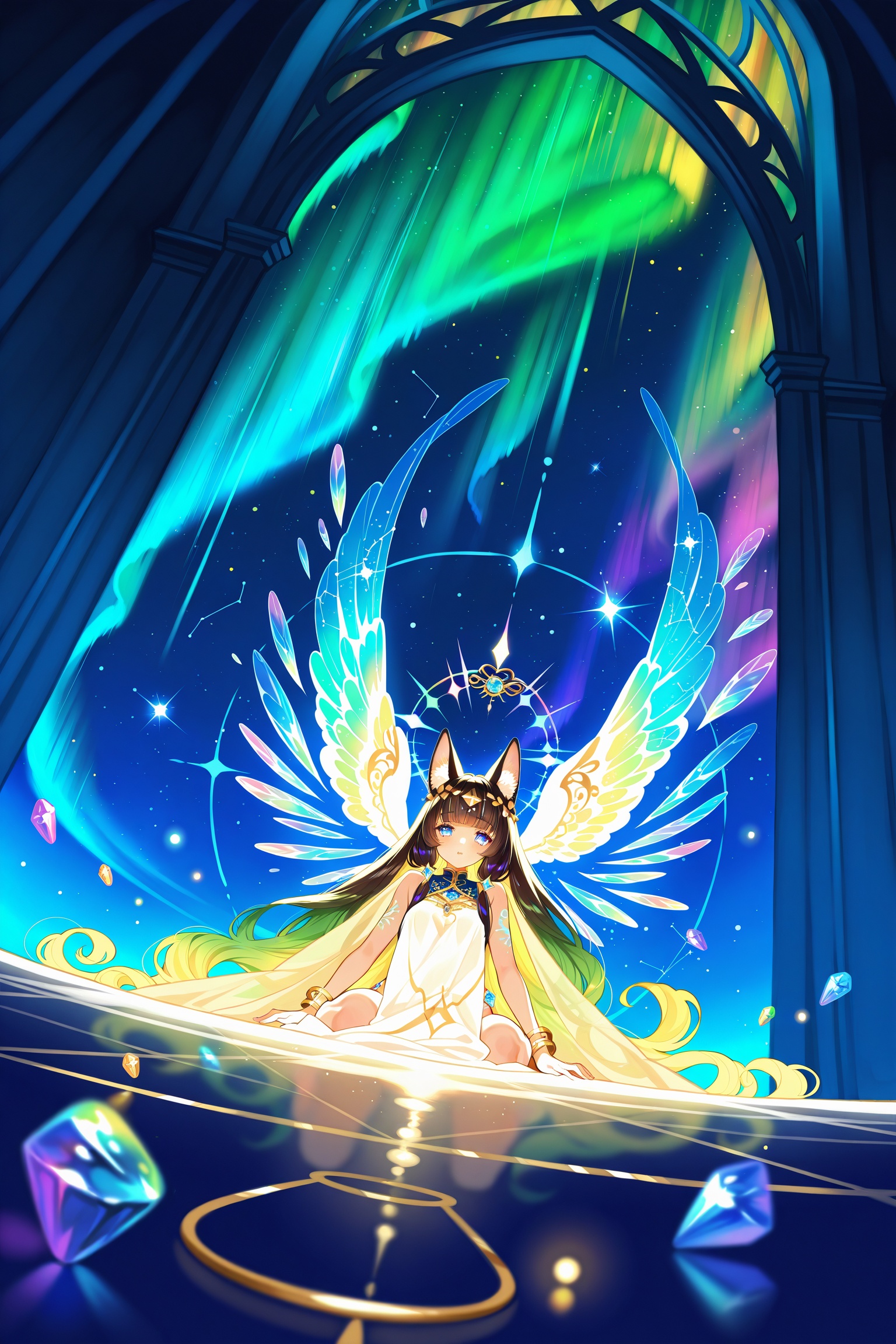 Ultra-detailed,  absurdres HDR portrait of a celestial oracle with fox ears,  long iridescent crystal hair on Tensor.Art