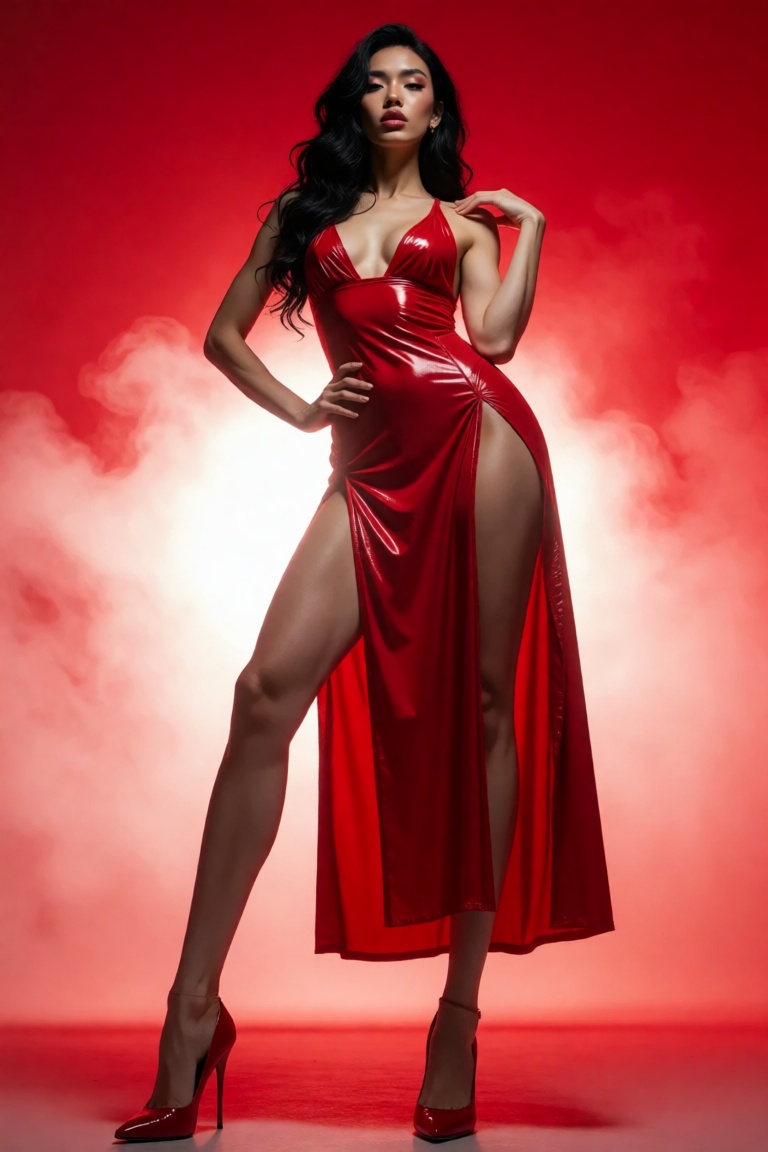 The image features a tall slender long legged woman wearing a shiny red dress with a deep neckline and high slits. The per...
