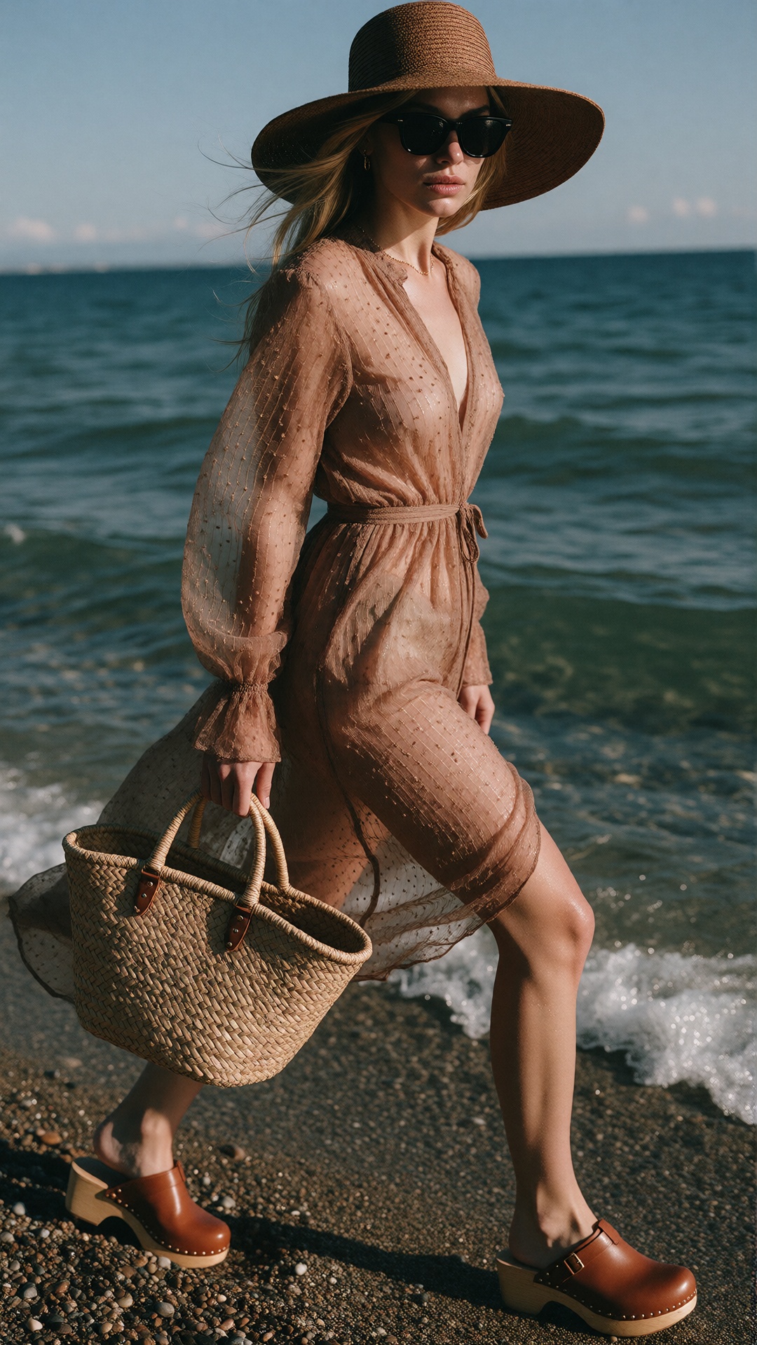 Camilja walks on the sea shore wearing a light,  semi-transparent brown dress and wooden clogs,  black sunglasses on Tenso...