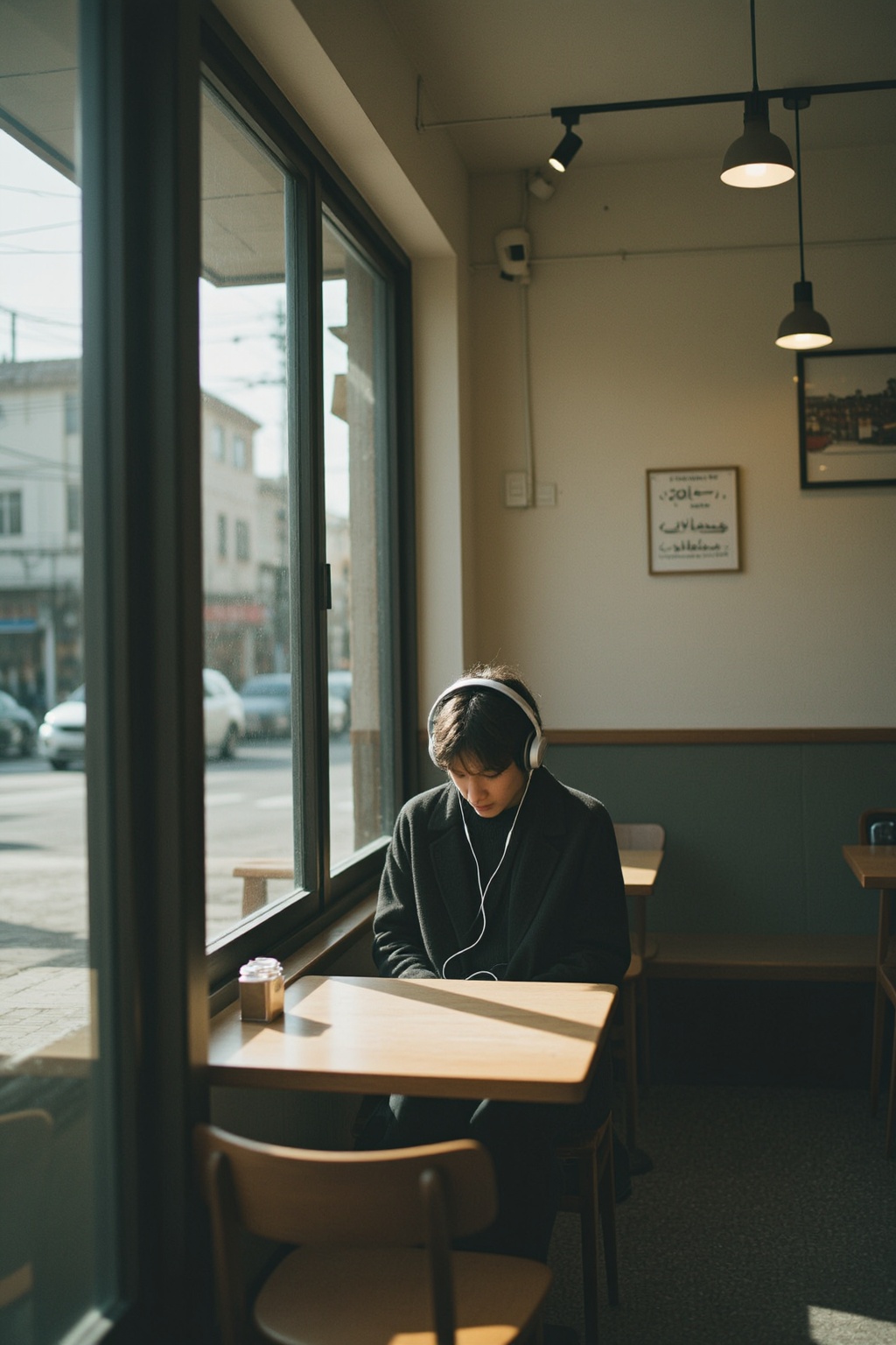 a person sitting alone in a cafe during daytime,  wearing earphones,  sunlight coming through window on Tensor.Art