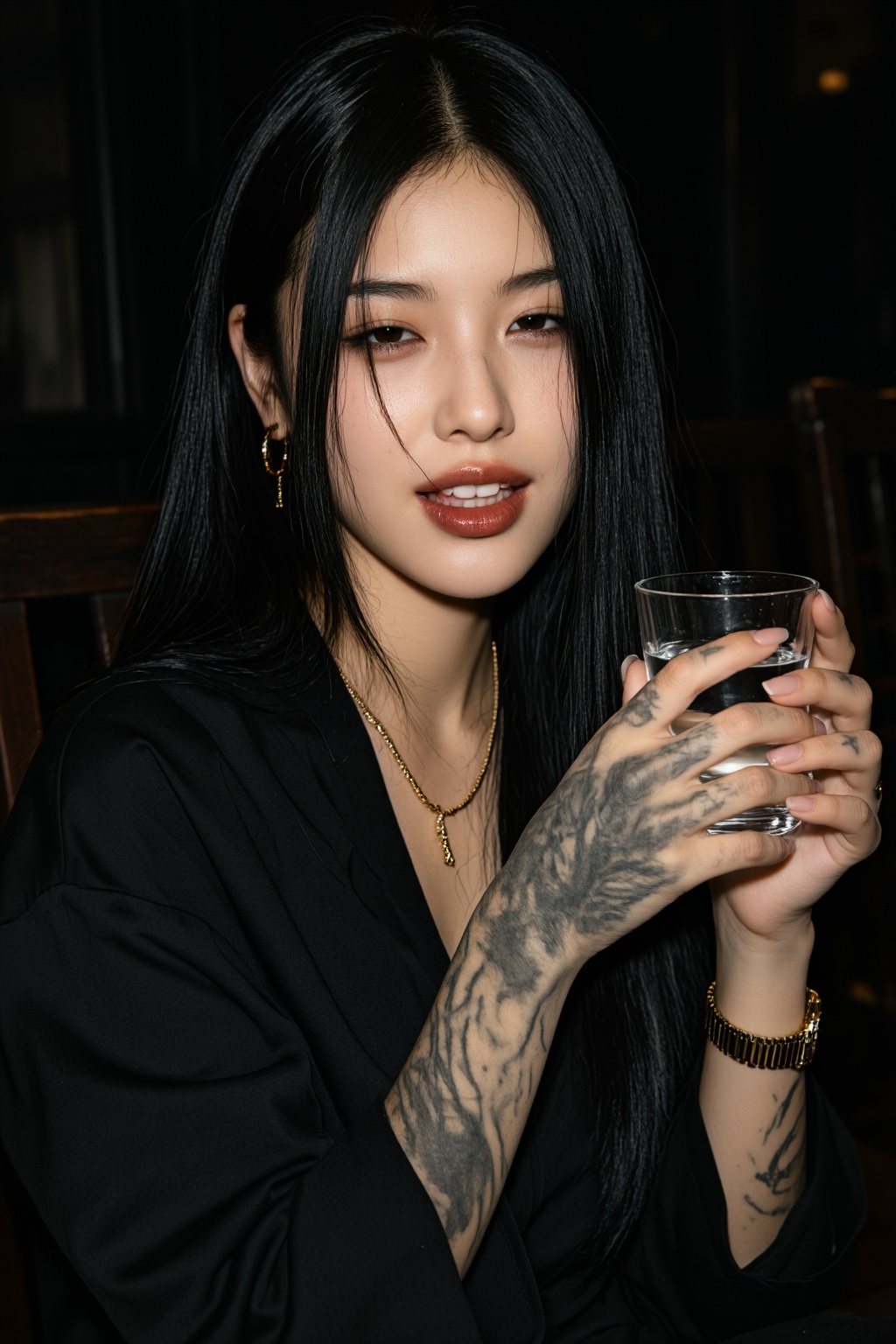 一位肤色健康的东亚年轻女性以竖版近景特写呈现,  上半身入镜,  乌黑顺直的长直发自然垂落 on Tensor.Art
