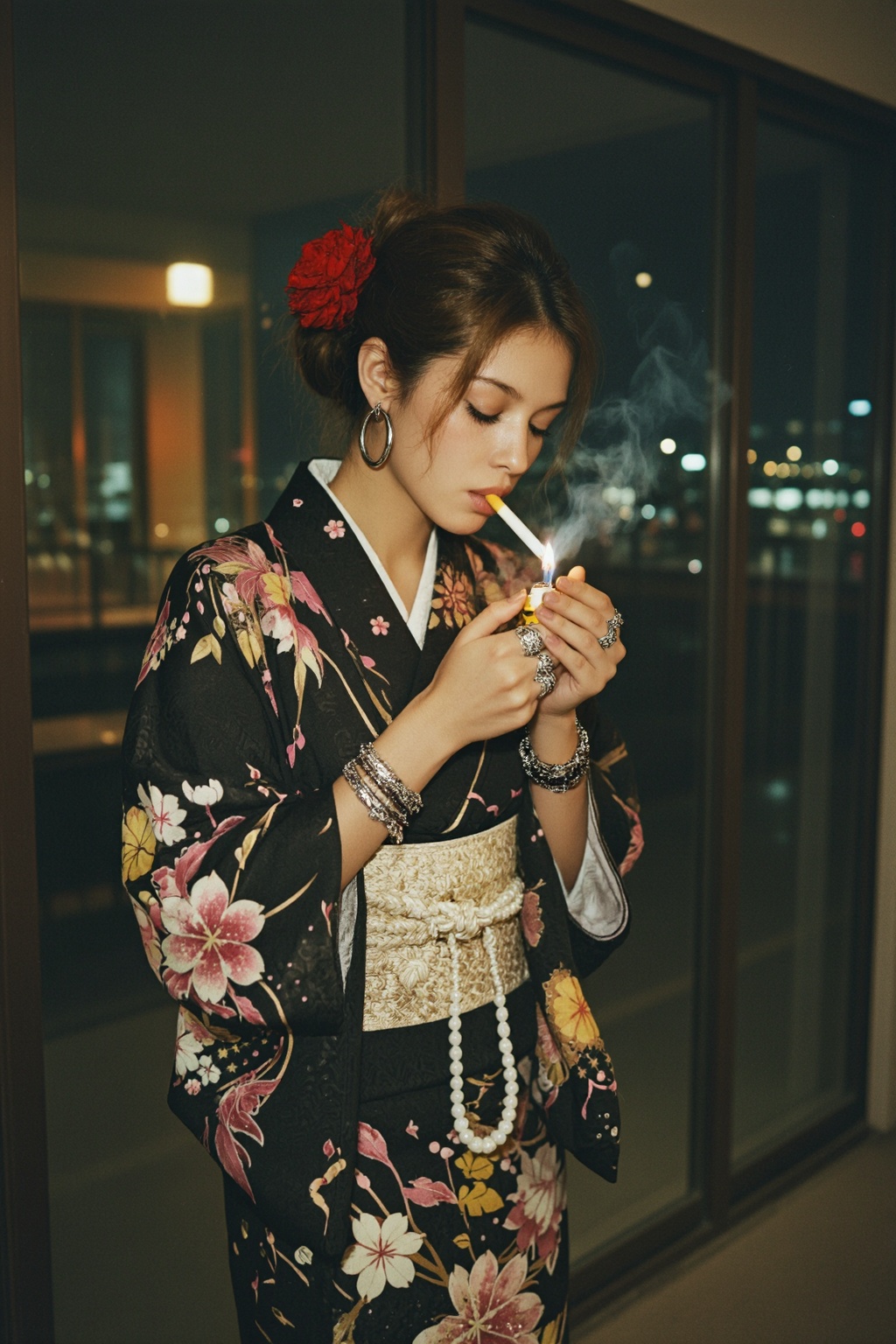 竖版构图,  中景室内人像摄影,  夜晚低光室内场景 on Tensor.Art