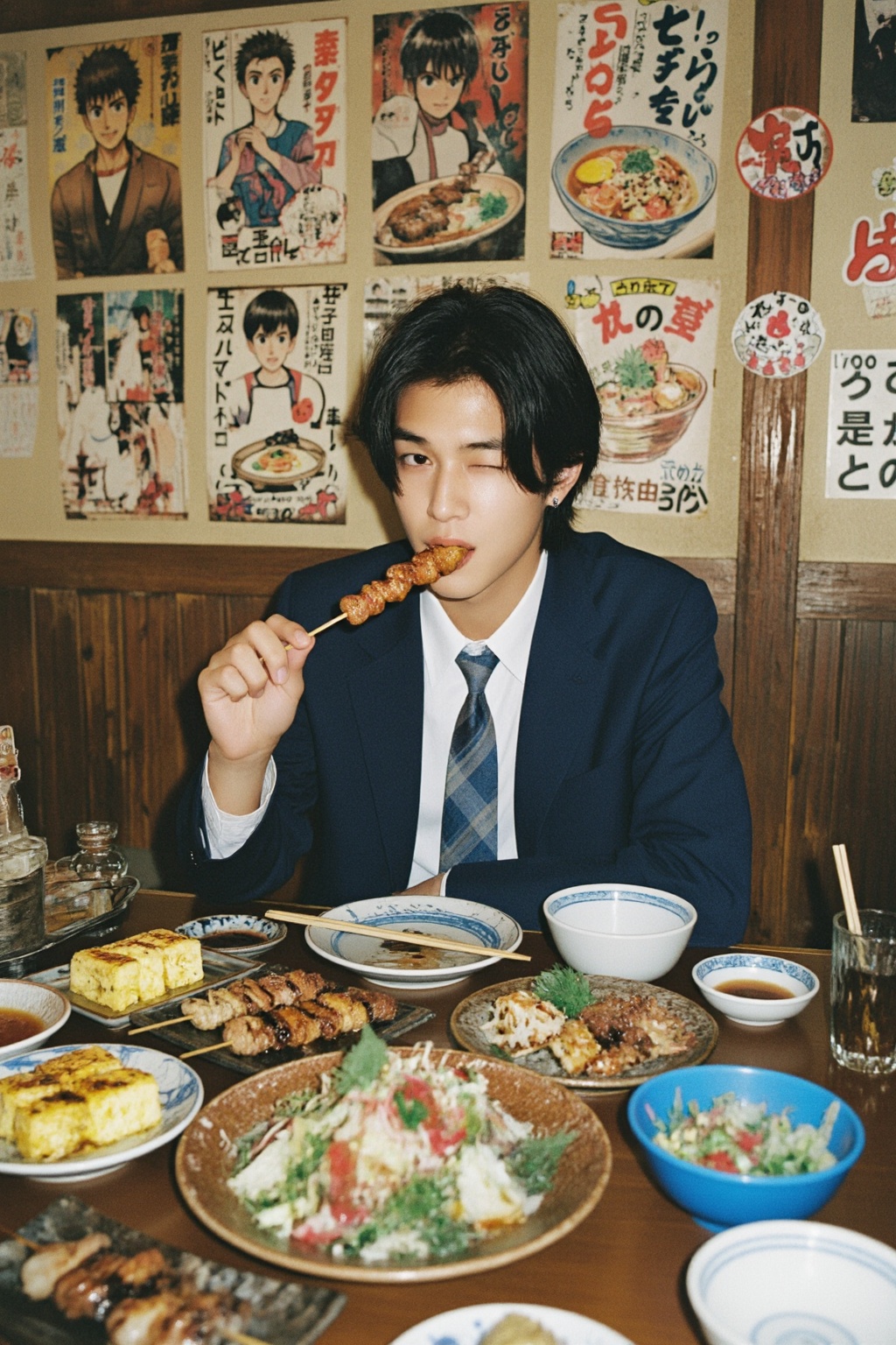 竖版构图,  中景日系复古胶片人像摄影,  日式居酒屋室内场景。年轻东亚男性端坐桌前 on Tensor.Art