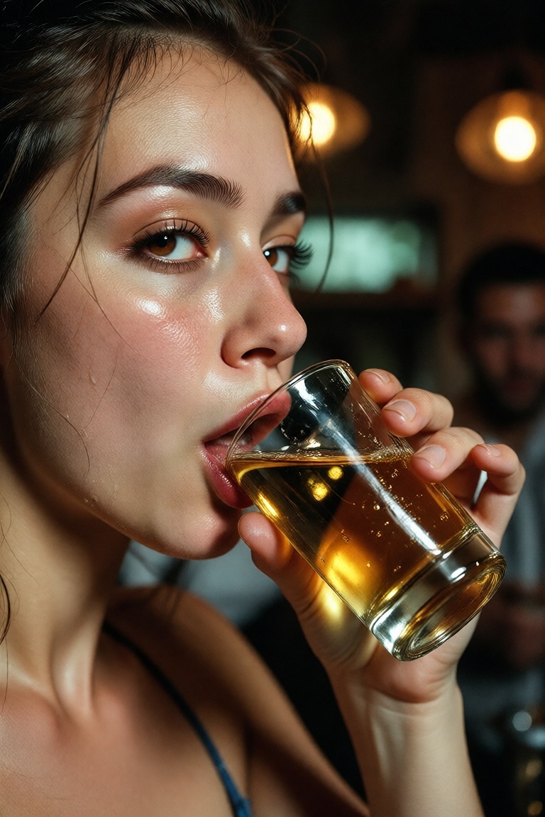 High quality and visual power photo,  left profile in the foreground of Camilja drinking a shot of tequila the background...