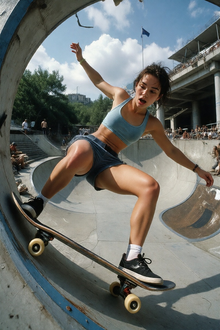 Camilja does acrobatic skateboarding between round ramps and concrete structures on Tensor.Art