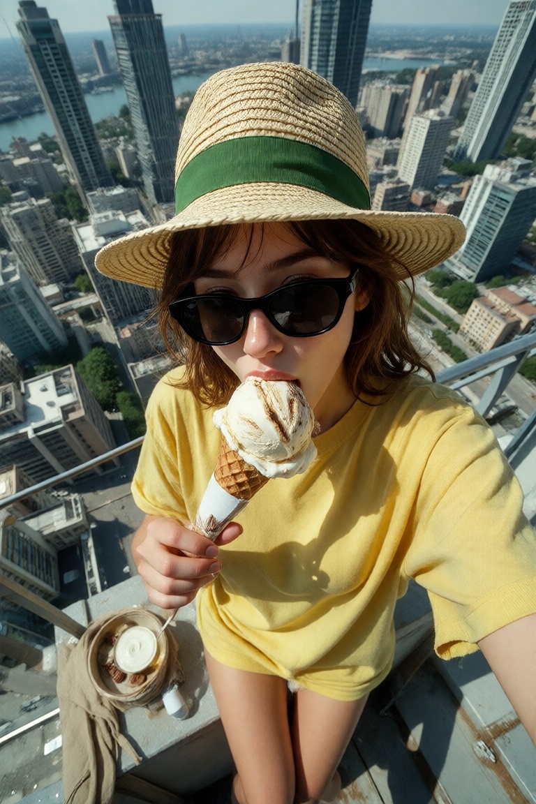 View from above Sitting on the parapet of a skyscraper Close up of Camilja with straw hat sunglasses eating a cream and ha...