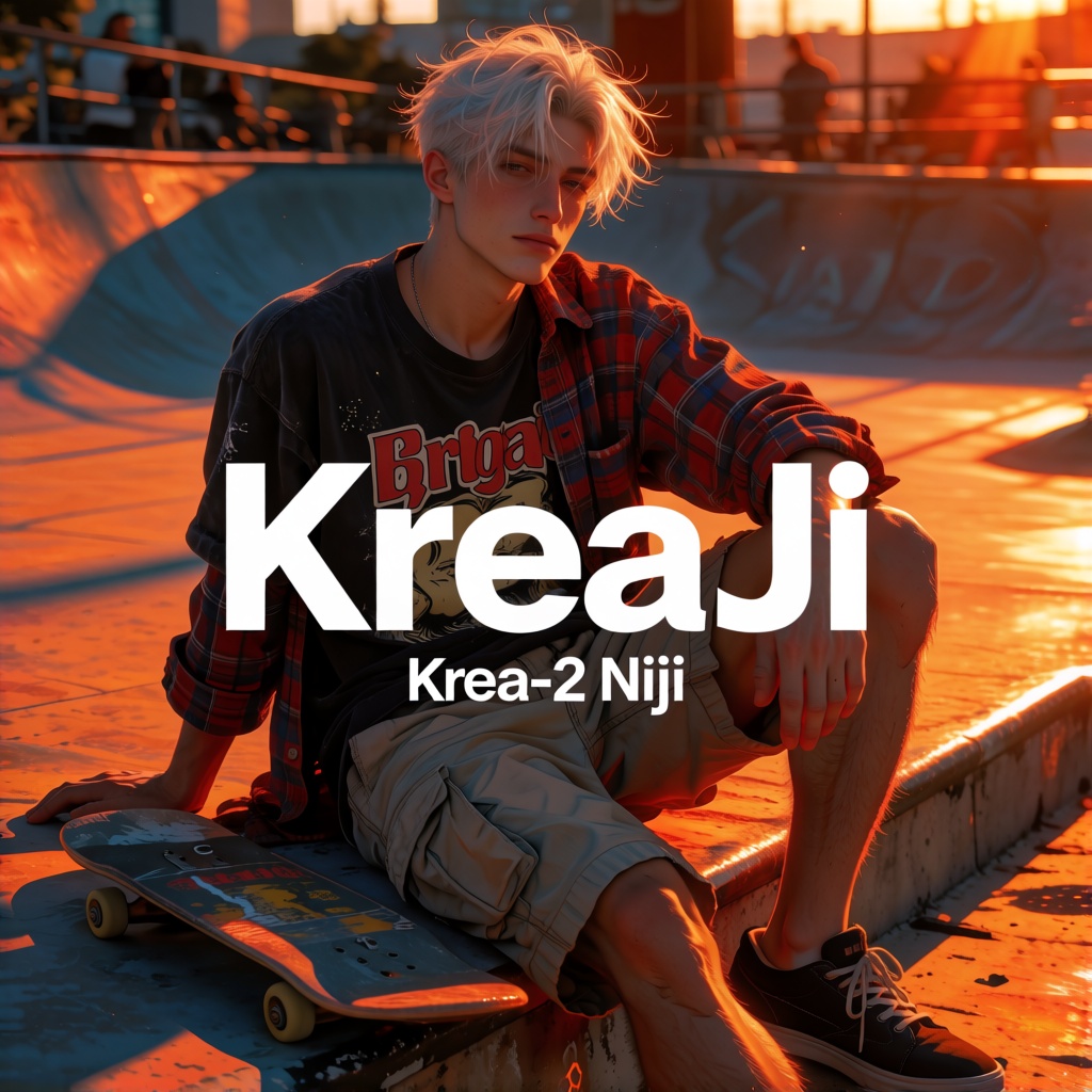 Masculine text in the center: "KreaJi". Smaller text "Krea-2 Niji" below it. In the KreaJi-style,  a young,  attractive ma...