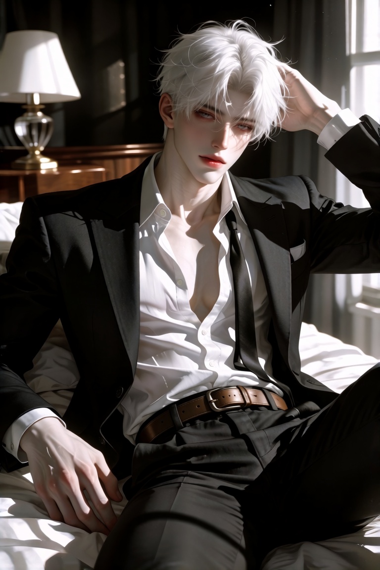 KreaJi-style of a young,  attractive man with pale skin and striking white,  tousled hair on Tensor.Art