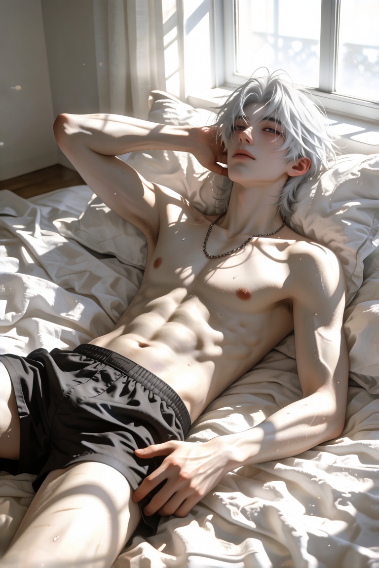 KreaJi-style,  photograph of a young man with disheveled white hair,  lying on rumpled white linen sheets in a sun-drenche...