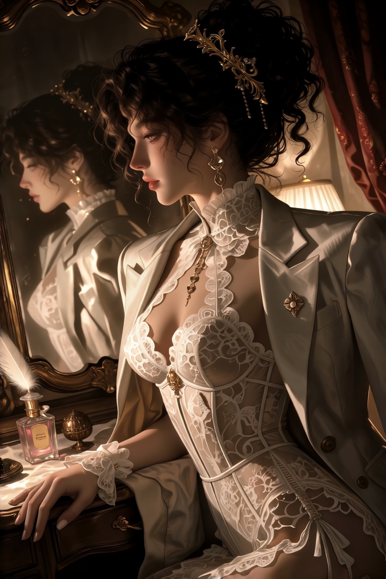 KreaJi-style,  a woman with dark,  textured curls pinned up with a gold hairpiece. She wears an ornate on Tensor.Art