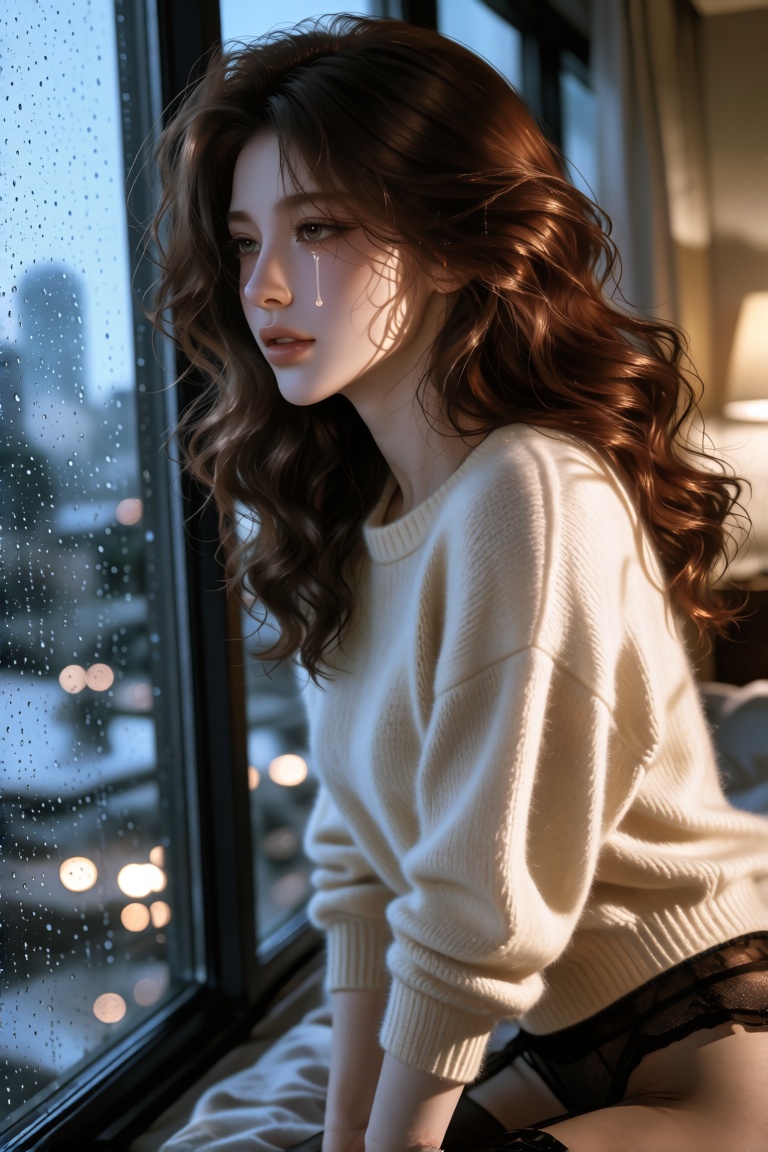 KreaJi-style,  an elegant woman with voluminous,  wavy mahogany hair standing near a floor-to-ceiling window in a rainy ci...