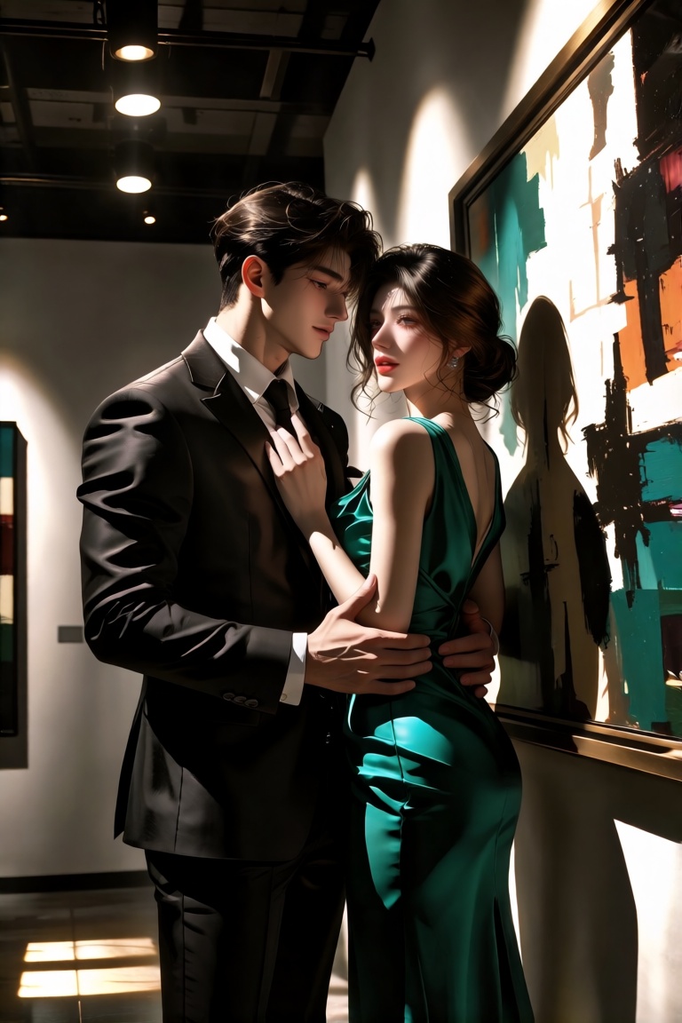 KreaJi-style,  a romantic straight couple in an elegant,  high-end art gallery on Tensor.Art