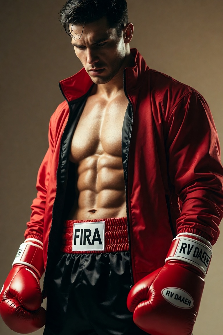A hyper-realistic,  cinematic portrait of a sculpted male boxer standing in poised intensity against a warm,  muted beige...