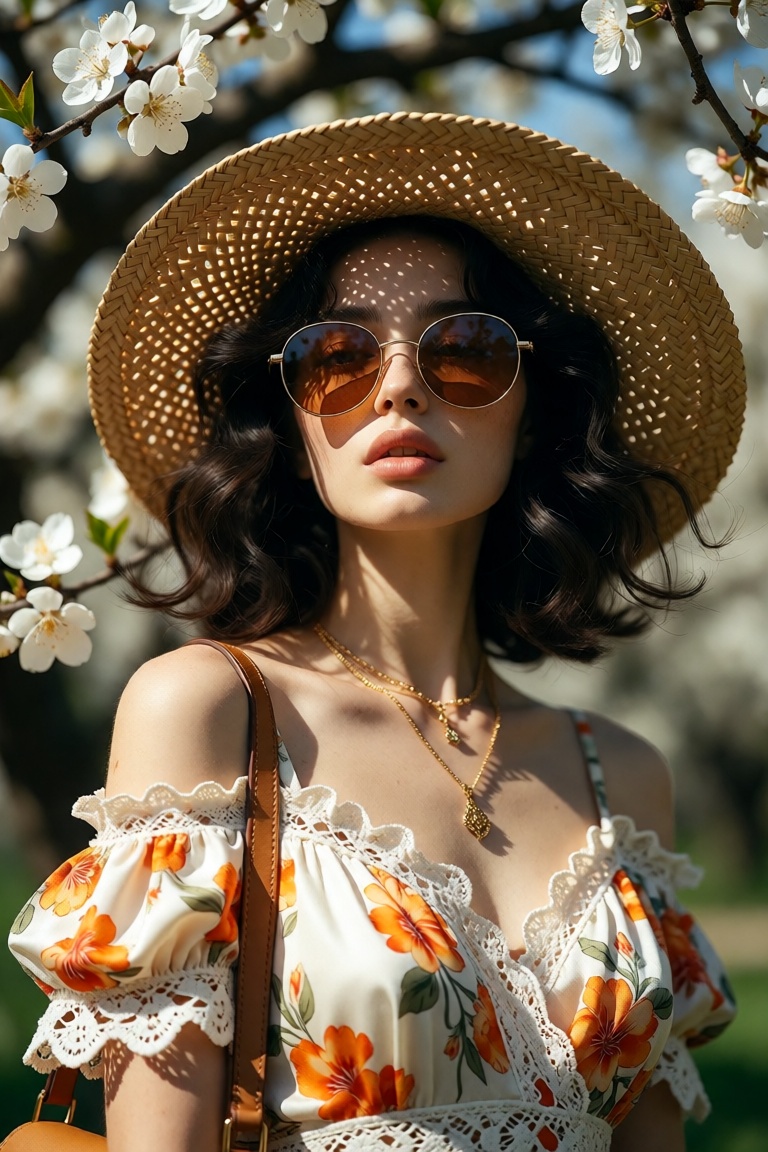 A luminous young woman stands in dappled sunlight beneath a blossoming tree,  her face framed by a wide-brimmed straw hat...