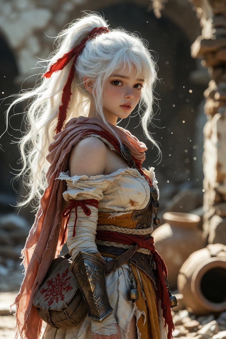 A breathtakingly ethereal young warrior stands in quiet defiance,  her long,  luminous platinum-white hair cascading in a...