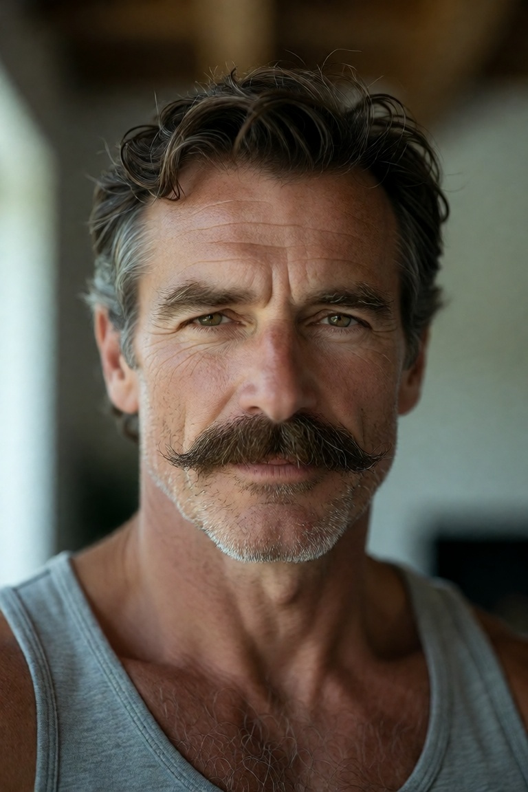 A striking close-up portrait of a mature man with rugged,  soulful intensity—his face a canvas of quiet strength and lived...