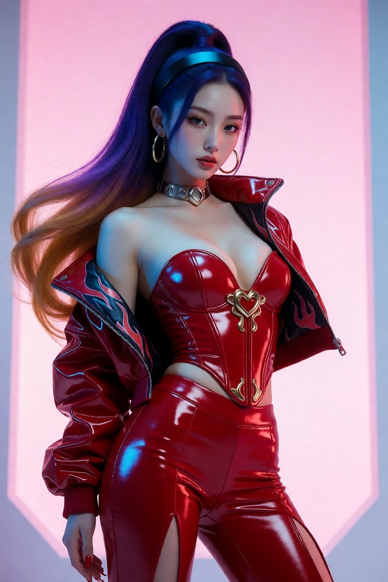 A breathtaking cyberpunk goddess stands in poised elegance against a soft,  gradient pink backdrop,  framed by minimalist...