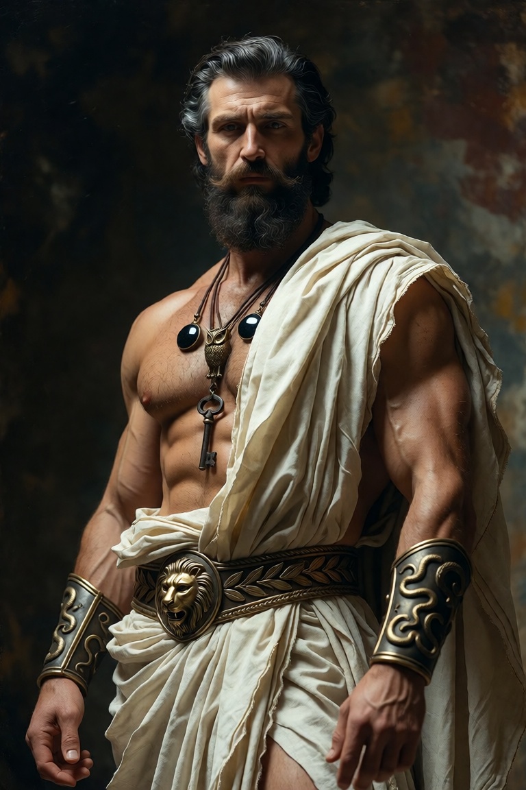 A mythic warrior stands in solemn grandeur,  his chiseled torso glistening with subtle sheen under chiaroscuro lighting—ea...