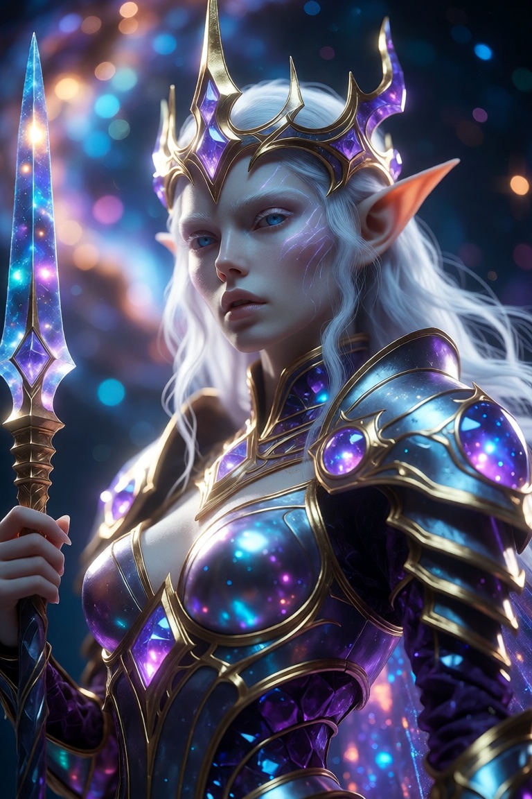 A celestial elven warrior stands in divine repose,  her ethereal presence radiating quiet power and ancient wisdom. Her fa...