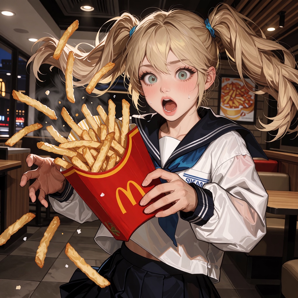 A dramatic and expressive anime-style illustration capturing a chaotic yet cute moment where a blonde young girl accidenta...