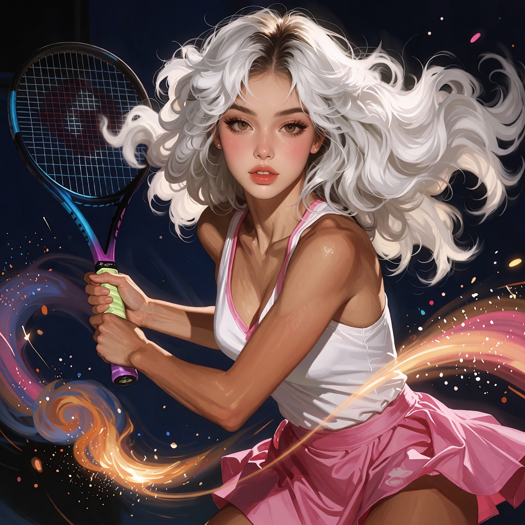 Digital painting of a female tennis player in an active,  slightly angled profile pose,  looking forward with a focused ex...