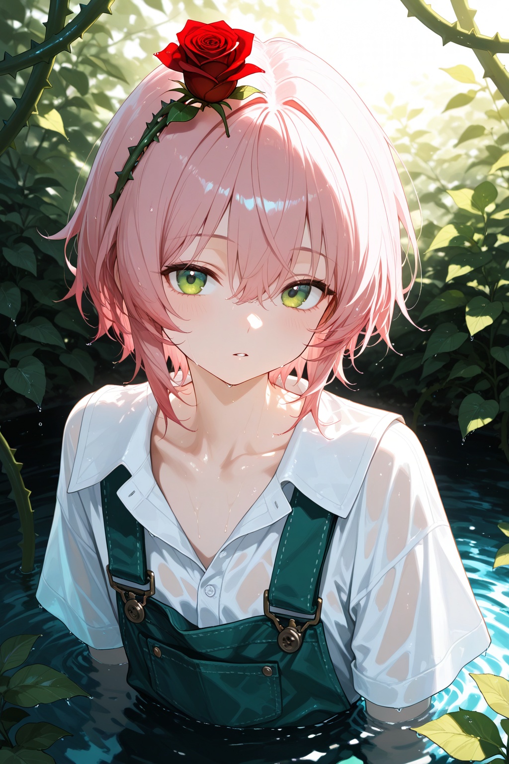 this digital anime-style artwork depicts a young man with messy pink hair and green eyes,  partially submerged in water,...