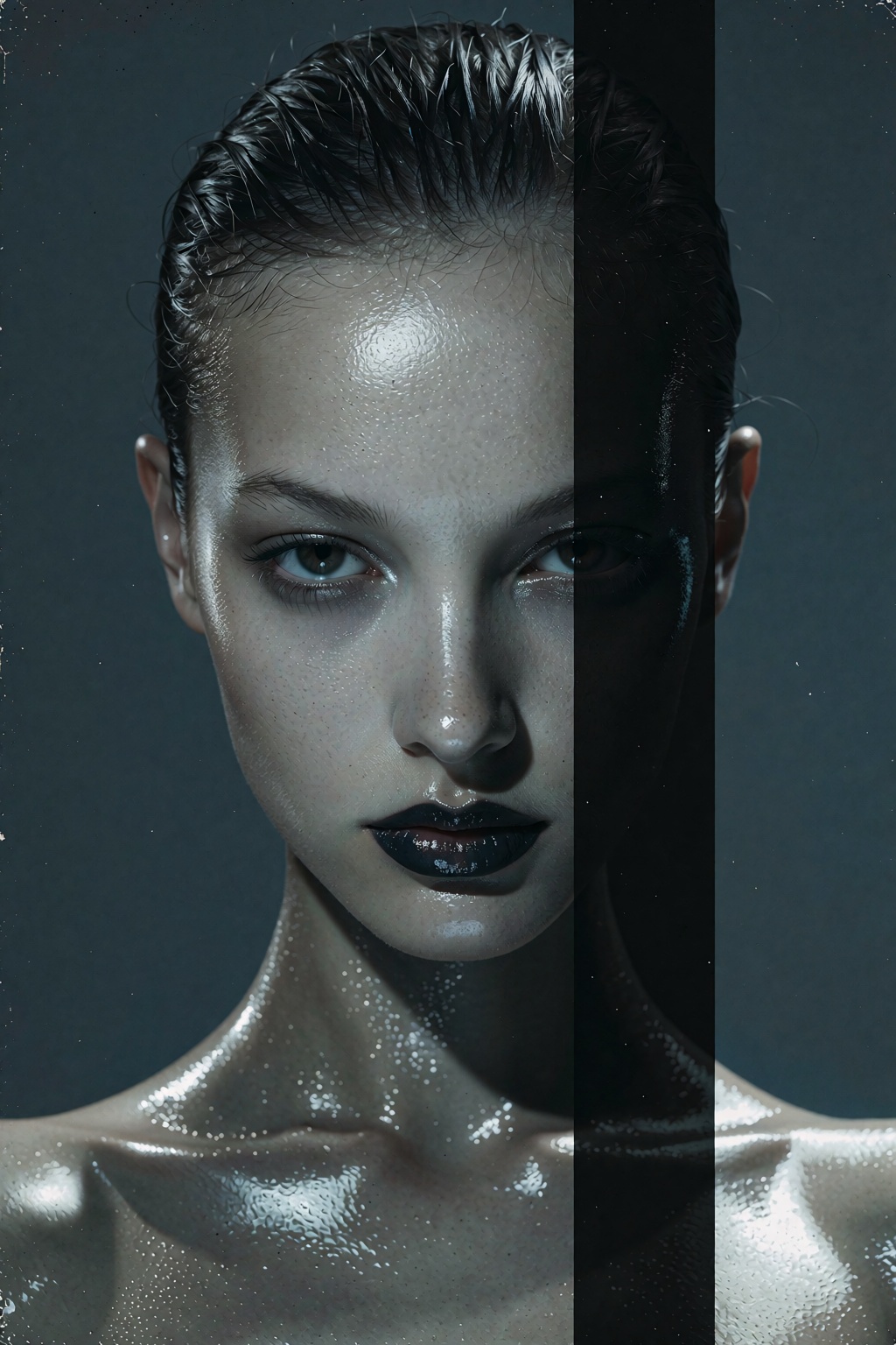 A striking cyber-noir graphic poster features a high-contrast close-up portrait of a woman with slicked-back hair staring...