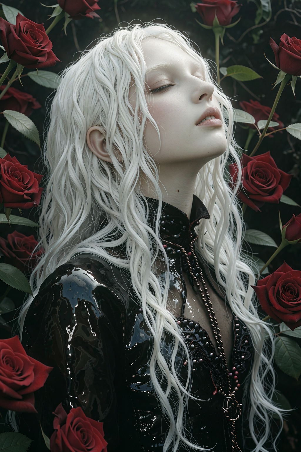 A serene figure with long,  flowing white hair stands amidst a lush backdrop of deep red roses,  the individual is dressed...