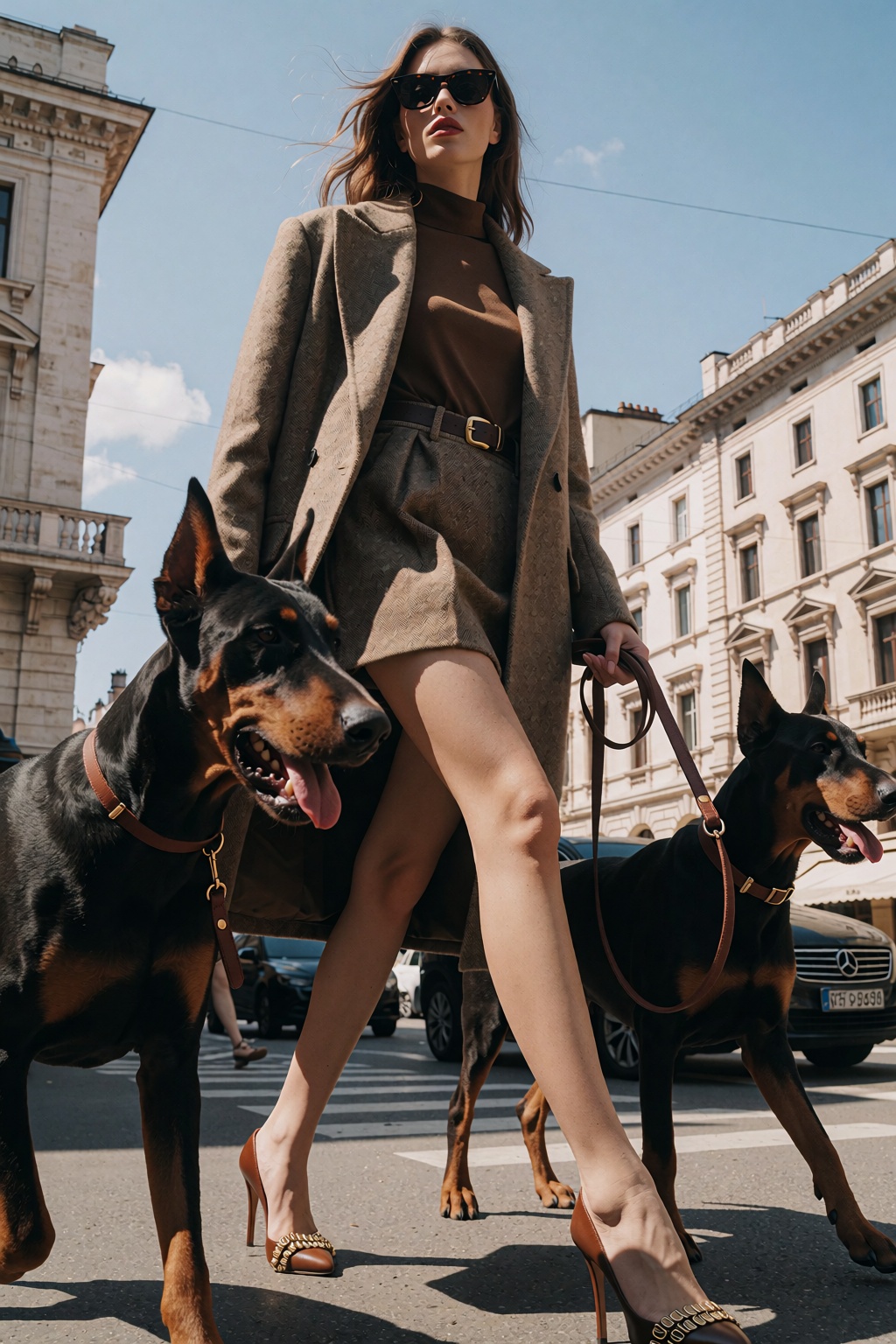An ultra-sharp high-fashion editorial magazine photograph captures a confident elegant woman walking forward through the b...