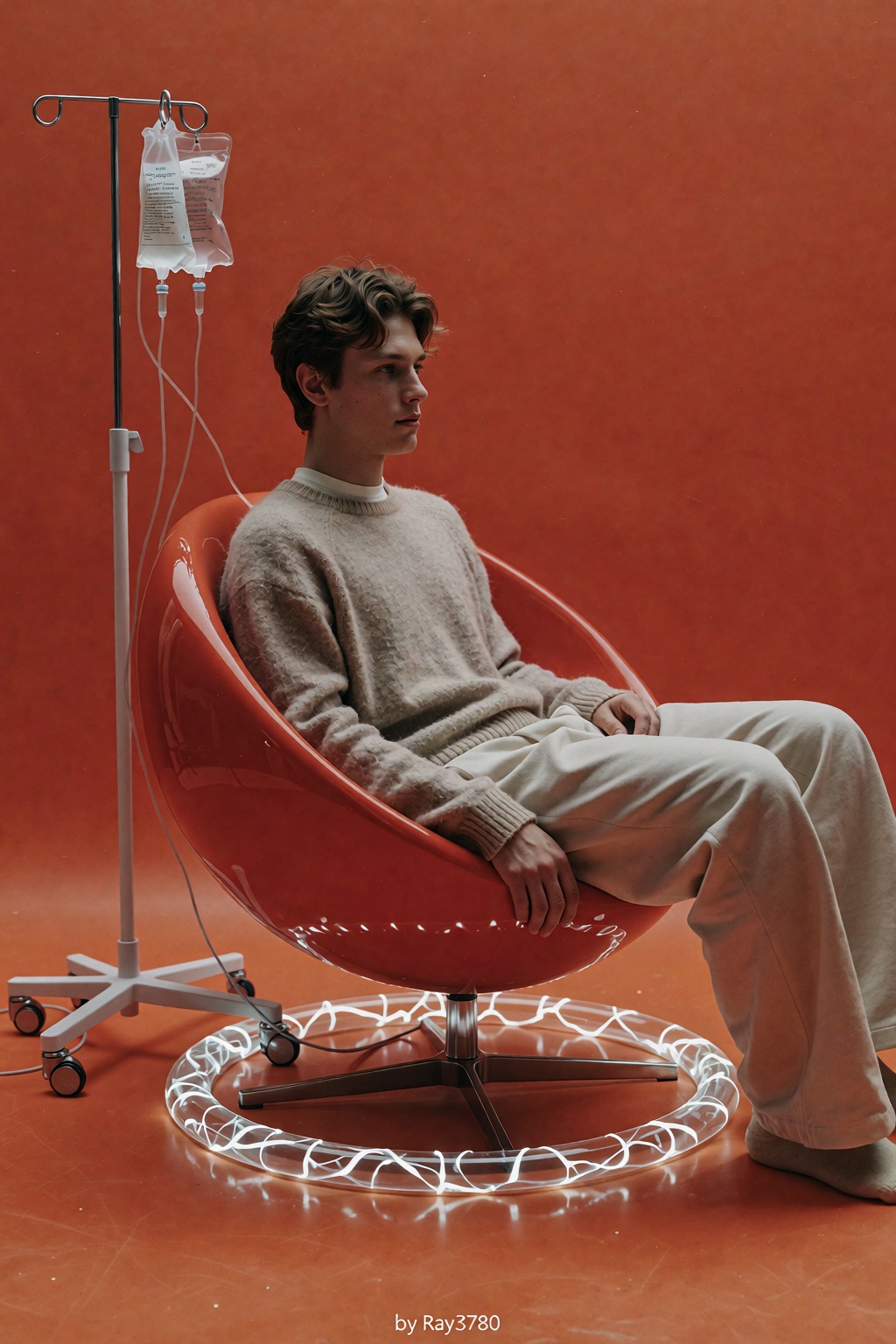 A sleek young man with wavy hair sits sideways in a smooth plastic red spherical chair,  his body relaxed against the curv...