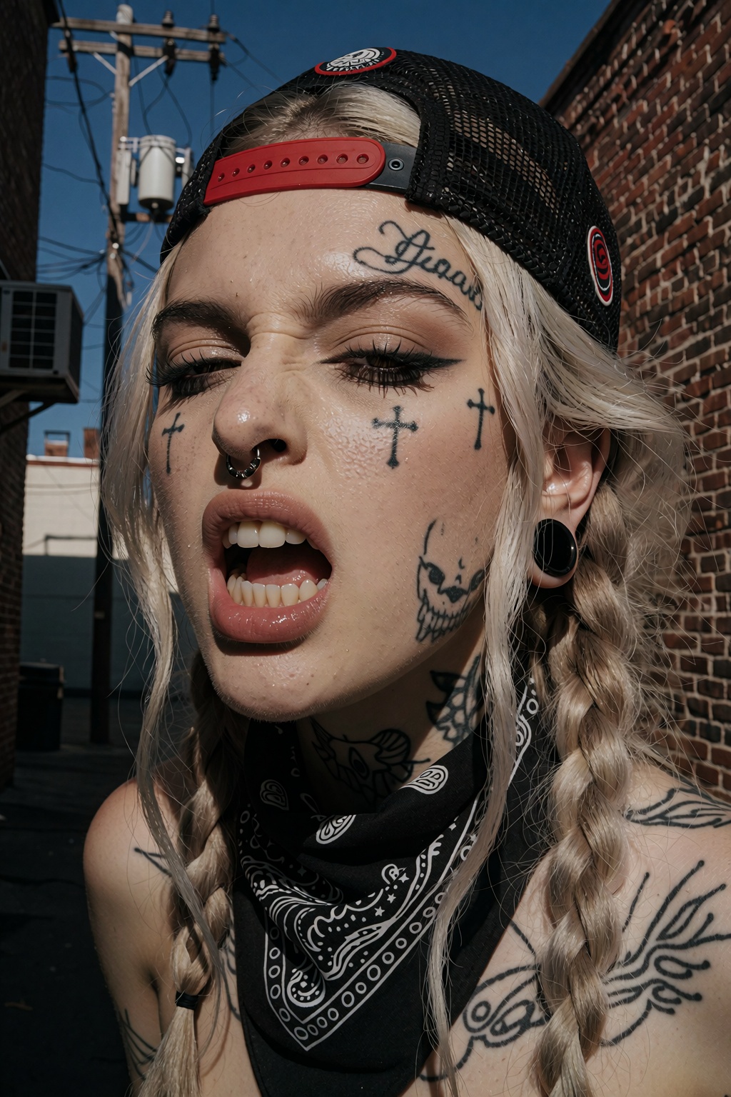 A raw smartphone candid photograph captures a close-up portrait of a badass young woman with an aggressive snarl,  her fac...