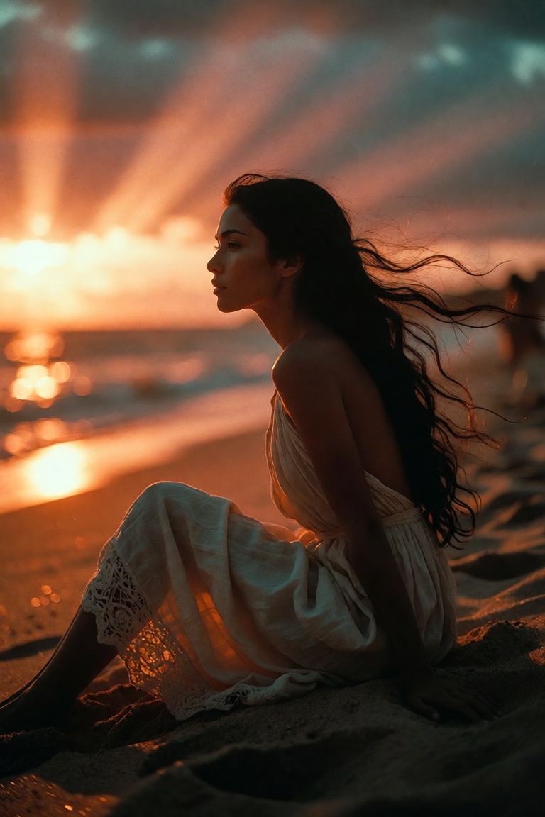 A breathtakingly serene woman sits in quiet contemplation on the golden sands of a twilight beach,  her silhouette etched...