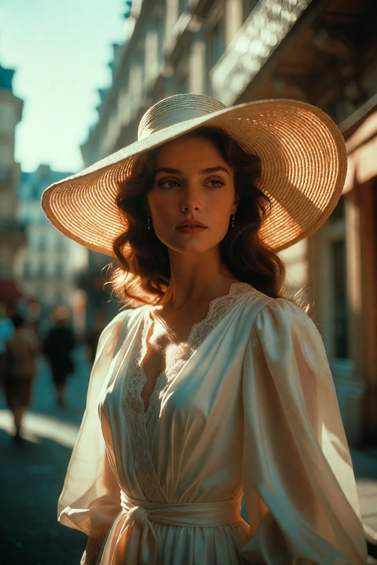 A breathtaking portrait of a luminous woman standing poised on a sun-drenched Parisian boulevard,  her presence radiating...
