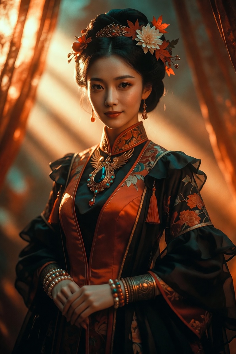 A breathtaking portrait of a regal East Asian woman,  her porcelain skin glowing with warm,  honeyed luminescence beneath...
