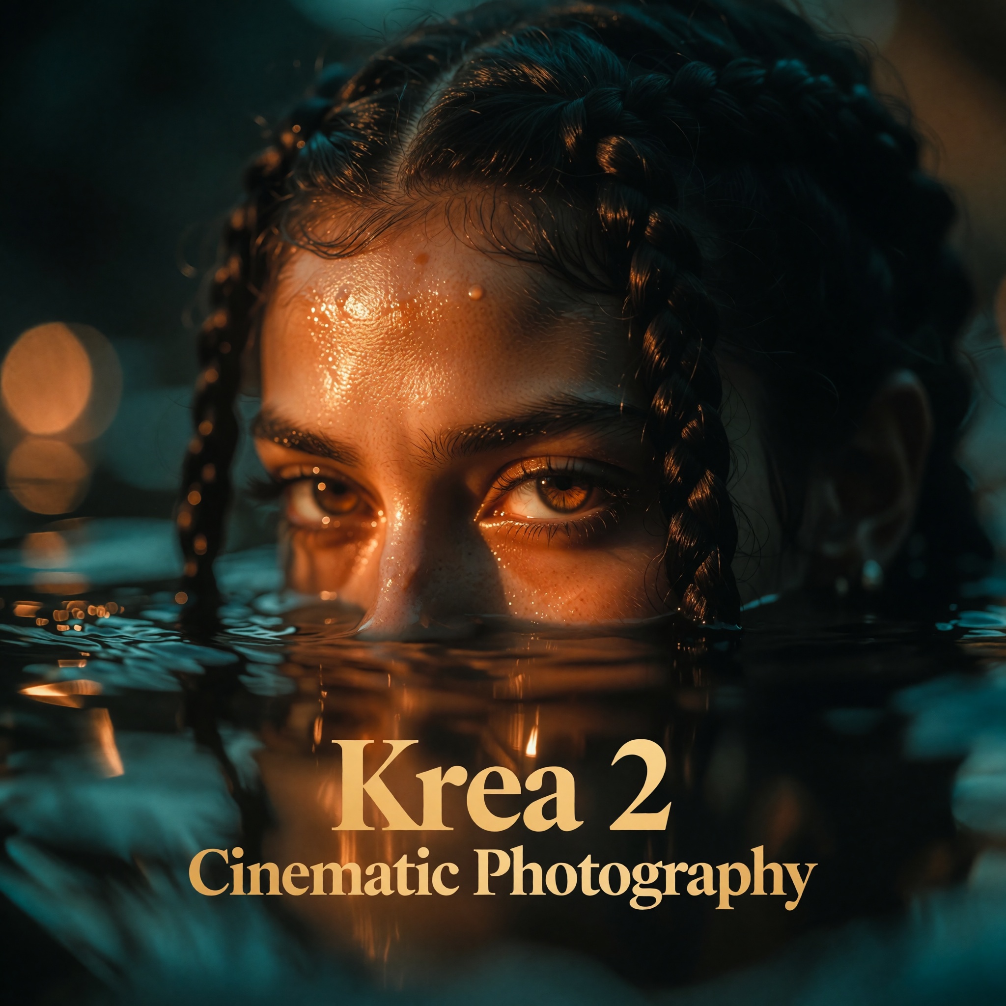 A hauntingly intimate close-up of a woman emerging from still,  dark water,  her face bisected by the liquid surface—half...