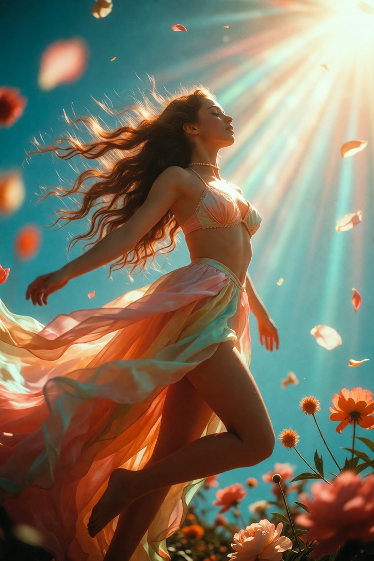 A radiant young woman suspended mid-leap against a luminous cerulean sky,  her body arched in ecstatic motion as if caught...