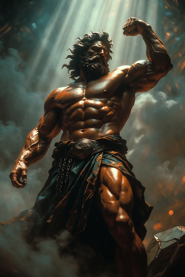 A mythic titan of raw,  sculpted power stands in triumphant defiance,  his colossal physique glistening with sweat-slicked...