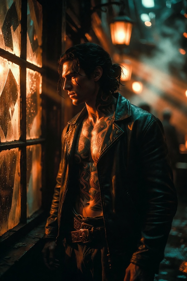 A brooding,  statuesque man stands in chiaroscuro splendor beside a grimy,  rain-streaked window in a dimly lit alleyway o...
