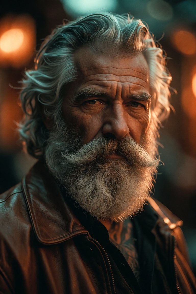 A striking close-up portrait of a mature man with the dignified aura of a seasoned sage,  his face etched with wisdom and...